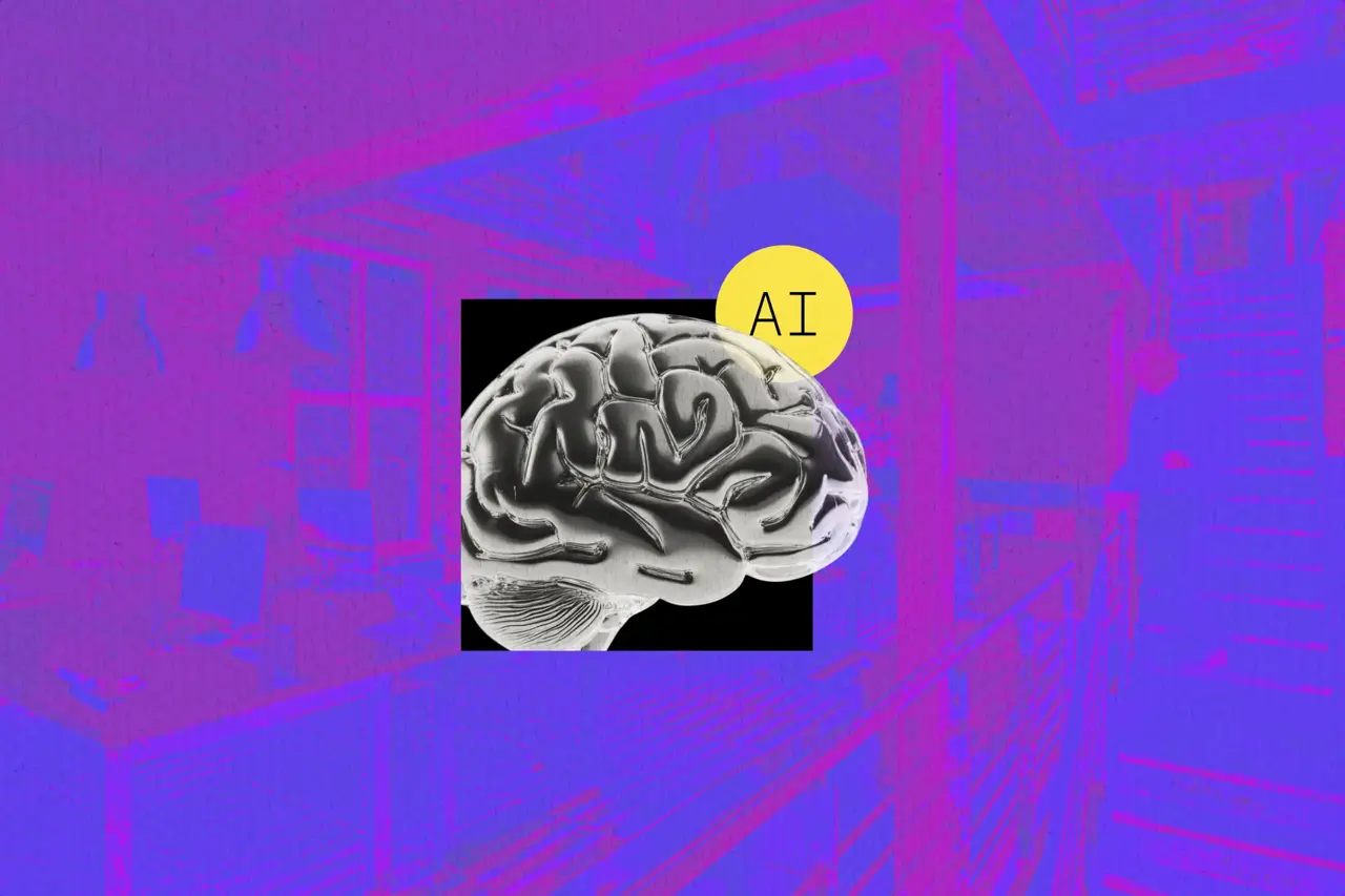 Drawing of a brain with an "AI" circle over an office background, representing AI jobs.