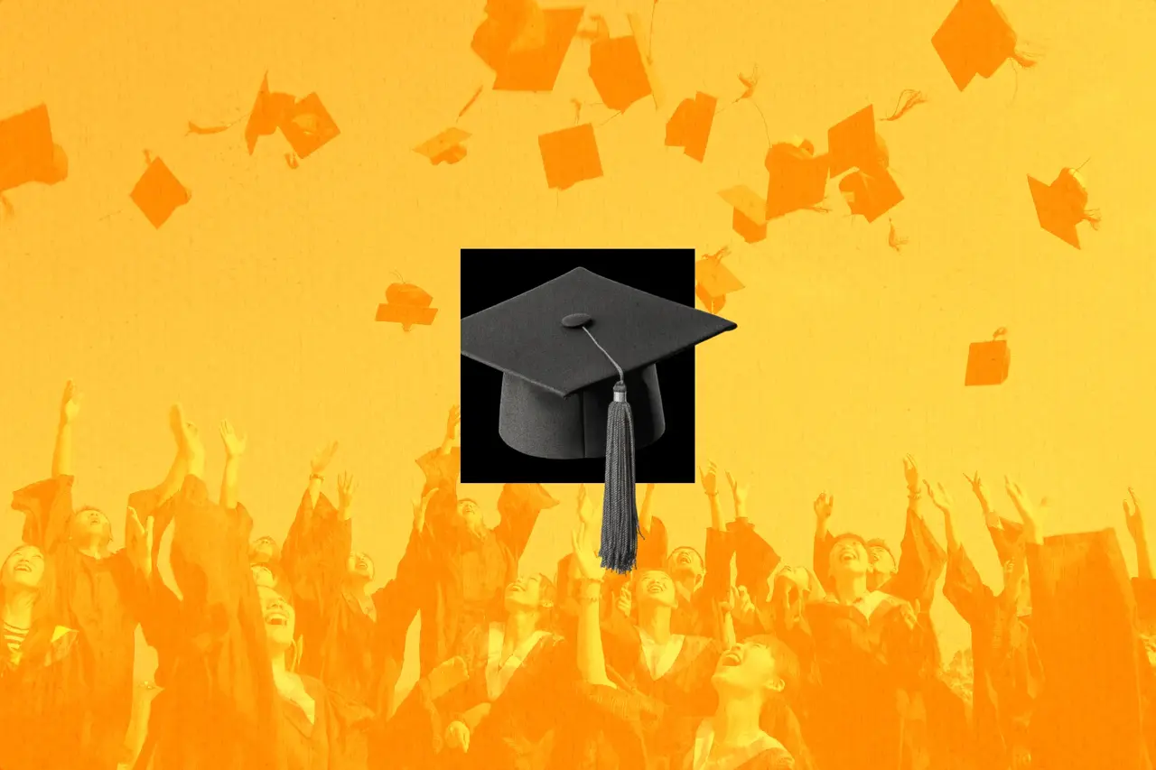 Graduation cap over a crowd of graduates tossing caps into the air, for an upcoming graduation date.