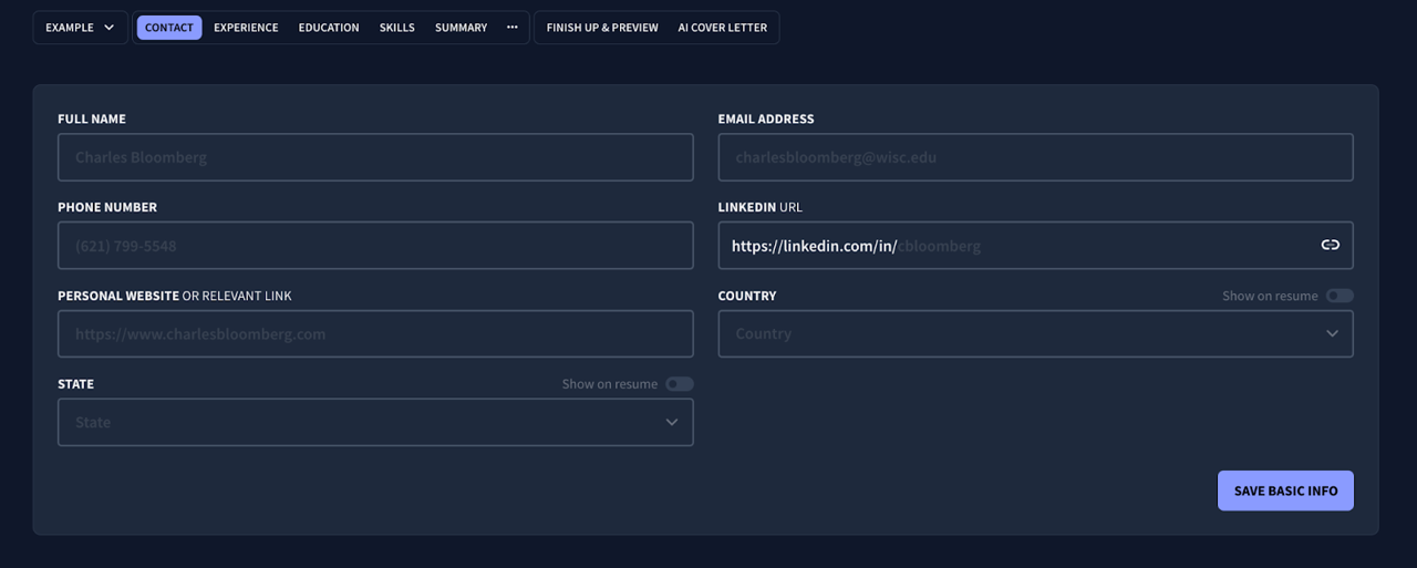 contact section of rezi builder