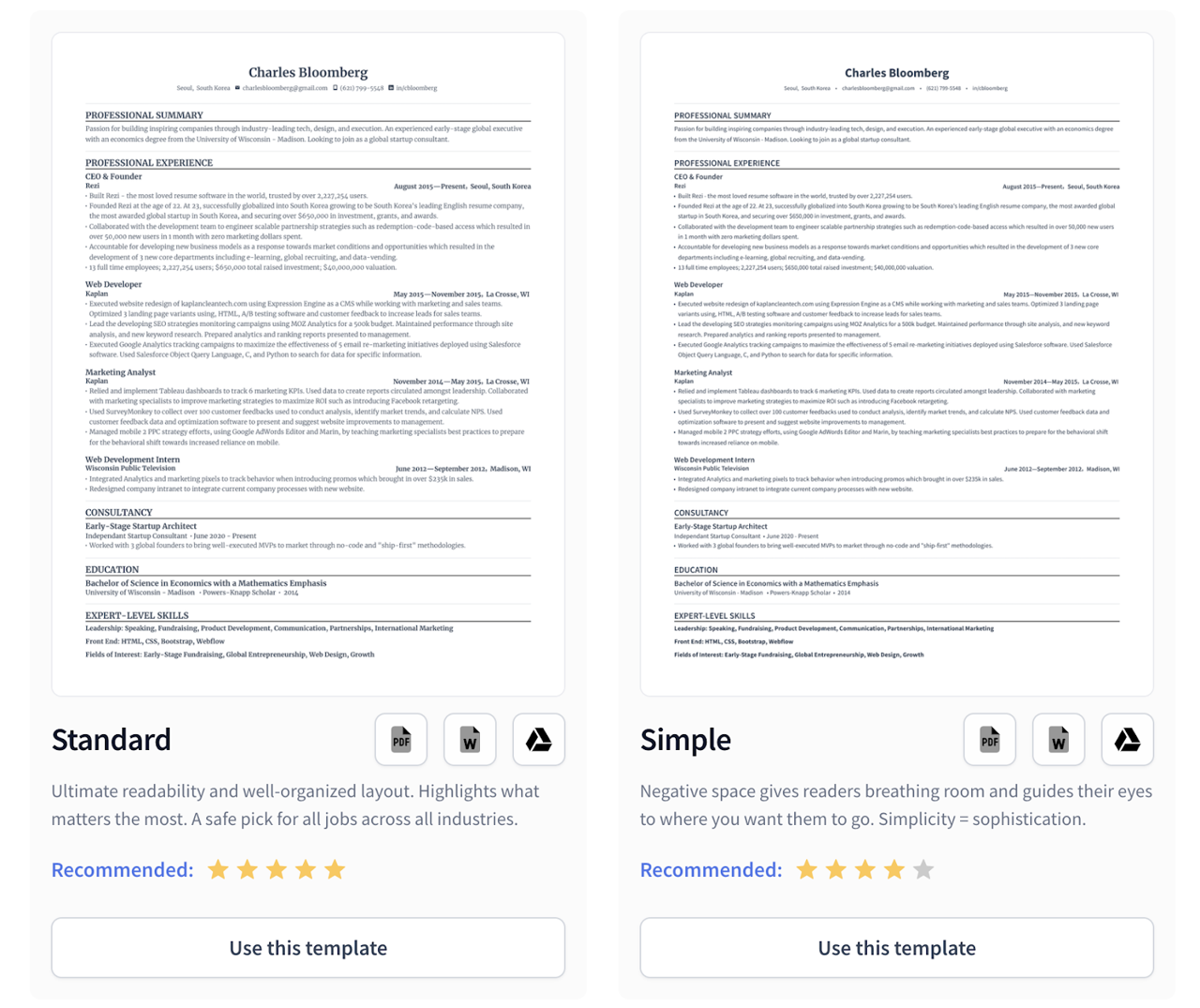 standard templates from rezi