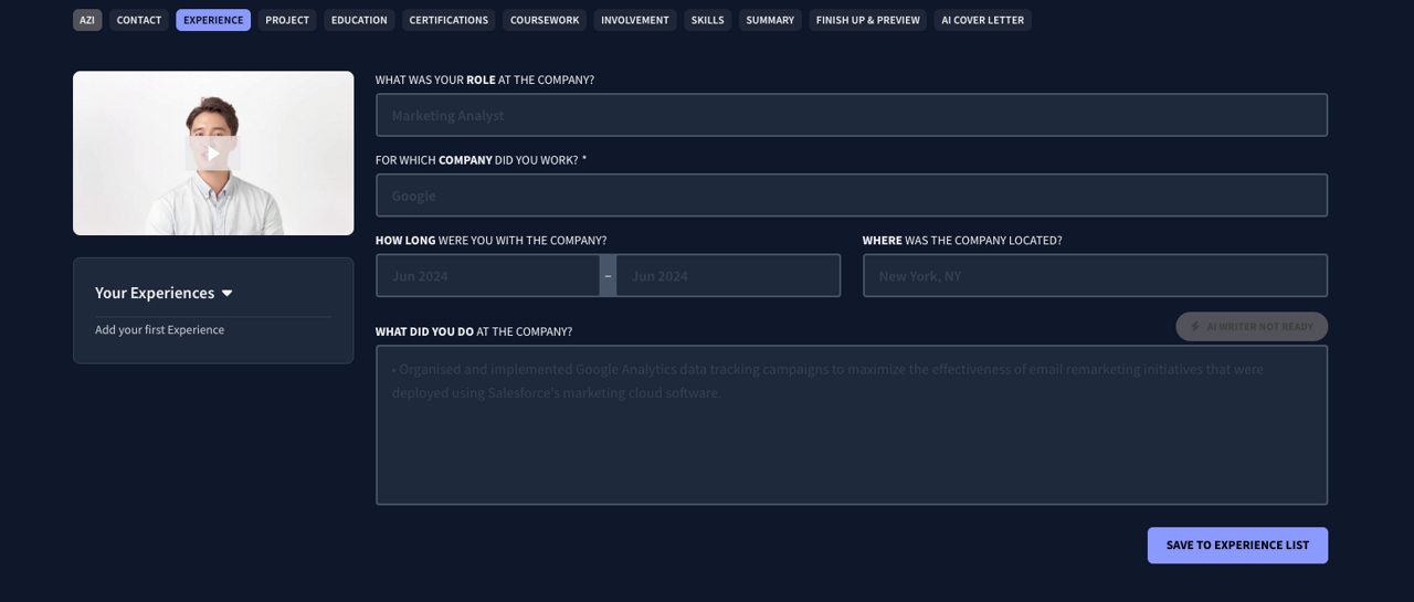 The work experience section inside Rezi's resume builder