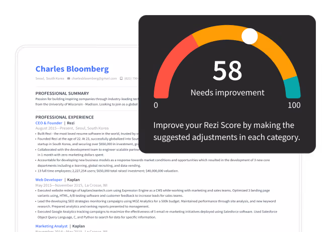Score gauge showing 58 with label 'Needs improvement' and advice to improve Rezi Score by suggested adjustments.